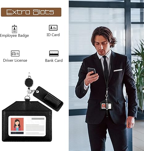 Office Badge Holder - Boshiho Genuine Leather Credit ID Card Holder with Stretch Neck Lanyard Horizontal Style