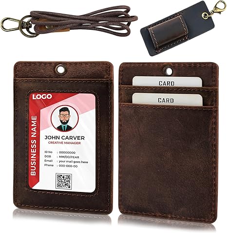 Office Badge Holder - Boshiho Genuine Leather Credit ID Card Holder with Neck Lanyard Pen Clip Vertical Style