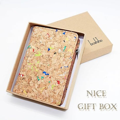 boshiho Eco Cork Friendly RFID Blocking Wallet Bi-fold Card Holder Vertical Wallet With Zippered Coin Purse & ID Window