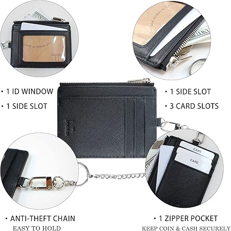 boshiho Saffiano Leather Credit Card Holder Coin Change Purse with Anti-Theft Chain