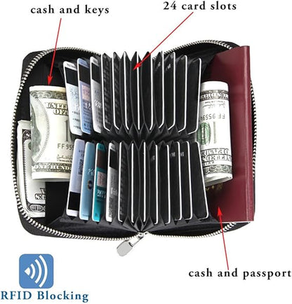 boshiho RFID Blocking 24 Slot Credit Card Holder Wallet Real Leather Multi Card Organizer Wallet with Zipper