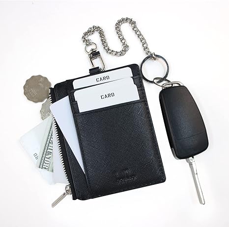 boshiho Saffiano Leather Credit Card Holder Coin Change Purse with Anti-Theft Chain