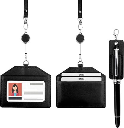 Office Badge Holder - Boshiho Genuine Leather Credit ID Card Holder with Stretch Neck Lanyard Horizontal Style