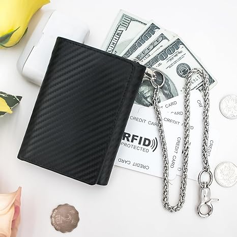 boshiho Real Leather RFID Blocking Bifold Wallets for Men Double Zipper Coin Pocket Purse with Anti-Theft Chain