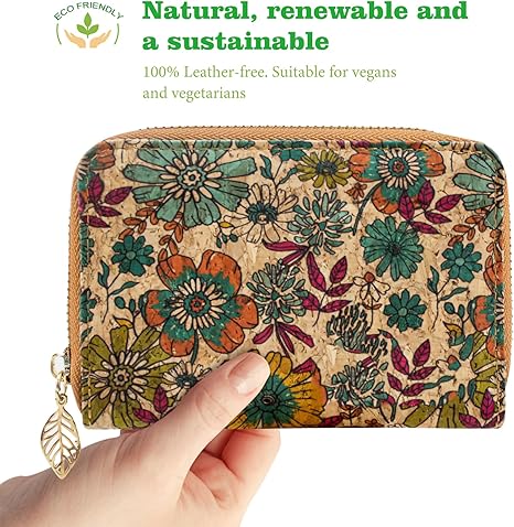 boshiho Vegan Cork Wallet with Keychain, Women’s Purse Slim Zipper Wallet with Card Holder Coin Pocket Eco-friendly Vegan Gift