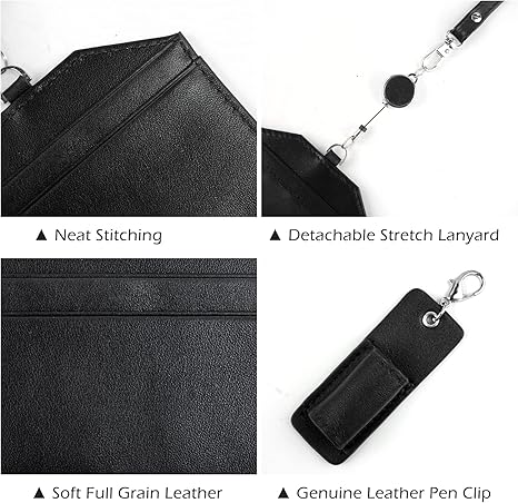 Office Badge Holder - Boshiho Genuine Leather Credit ID Card Holder with Stretch Neck Lanyard Horizontal Style