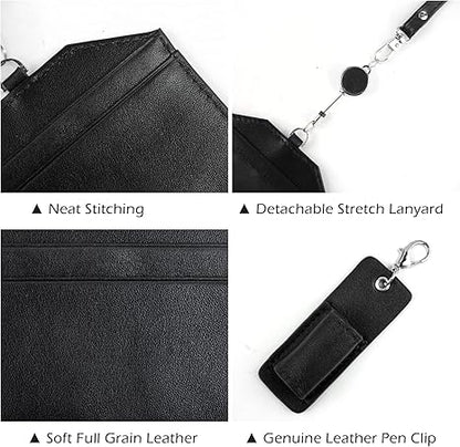 Office Badge Holder - Boshiho Genuine Leather Credit ID Card Holder with Stretch Neck Lanyard Horizontal Style