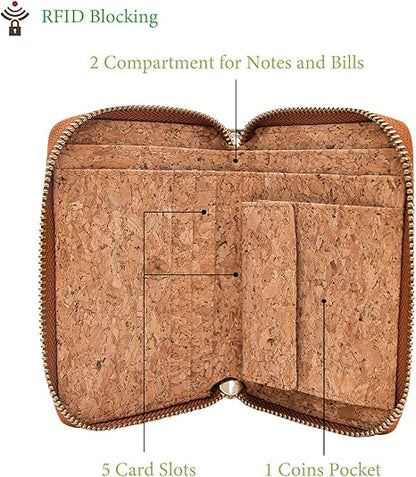 boshiho Vegan Cork Wallet with Keychain, Women’s Purse Slim Zipper Wallet with Card Holder Coin Pocket Eco-friendly Vegan Gift