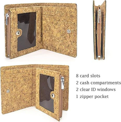 boshiho Eco Cork Friendly RFID Blocking Wallet Bi-fold Card Holder Vertical Wallet With Zippered Coin Purse & ID Window