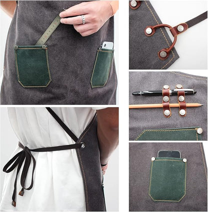 boshiho Waxed Canvas Shop Apron,Heavy Duty Work Apron for Men Women with 3 Pockets & Extra Long Straps,Adjustable M to XXL Tool Aprons for Men & Women
