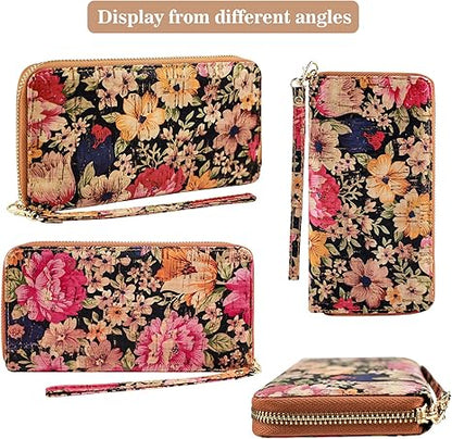 boshiho Cork Vegan Purse Wallet, Women’s Wallet Large Capacity Smart Phone Clutch Zip Long Purse with Card Holder Coin Pocket Vegan Gift