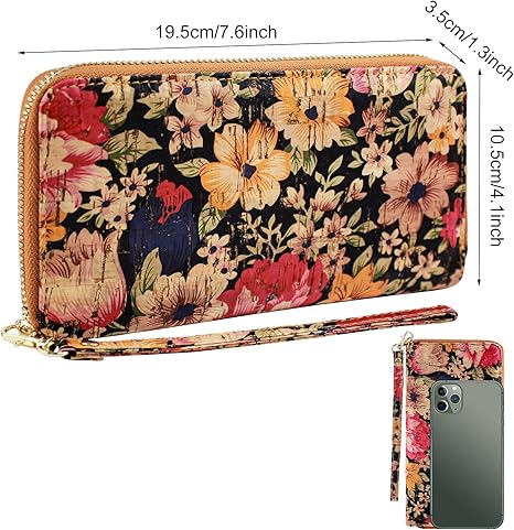 boshiho Cork Vegan Purse Wallet, Women’s Wallet Large Capacity Smart Phone Clutch Zip Long Purse with Card Holder Coin Pocket Vegan Gift