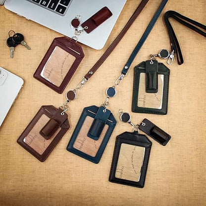 Office Badge Holder - Boshiho Genuine Leather Credit ID Card Holder with Stretch Neck Lanyard Vertical Style