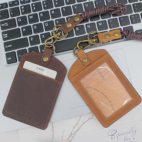Badge Holder: Boshiho Cowhide Leather ID Badge Card Holder with 19" Neck Lanyard, Vertical Style