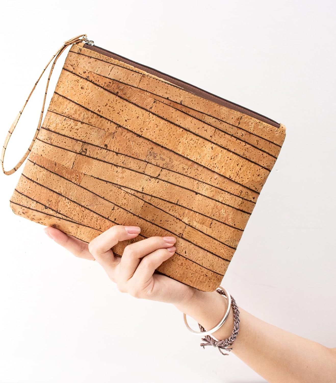 boshiho Clutch Purses for Women, Natural Cork Summer Wristlet Wallet Cell Phone Pouch Bag, 9 x 7 inch (Stripe Pattern)
